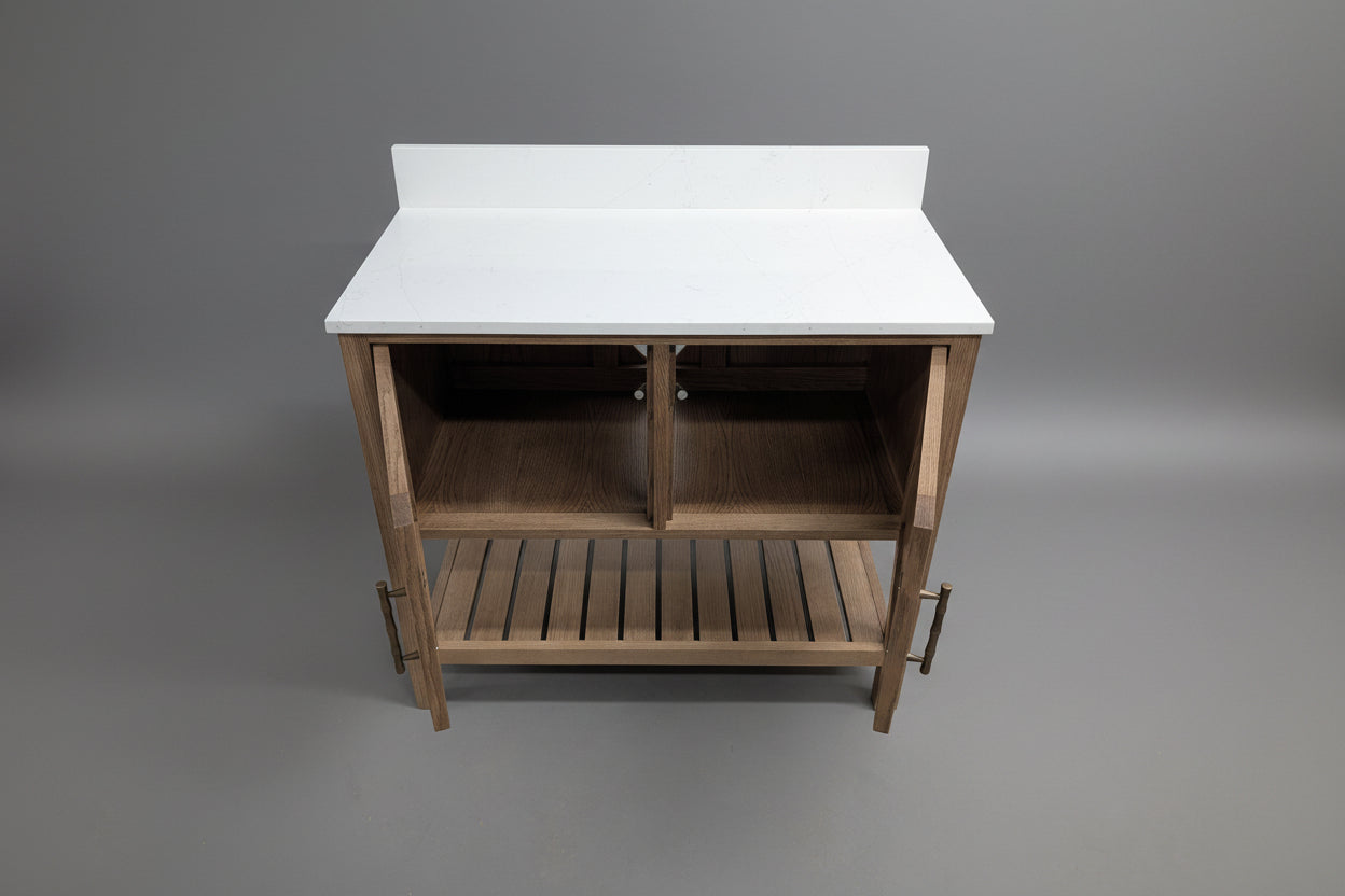 Wooden cabinet with white countertop on a gray floor