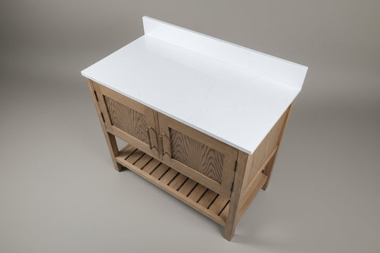 Wooden cabinet with white countertop on a gray floor 