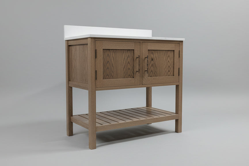 Wooden cabinet with a white countertop