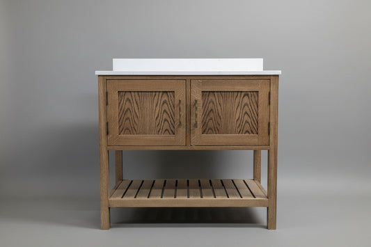 Wooden bathroom vanity with two doors and a shelf on a plain background