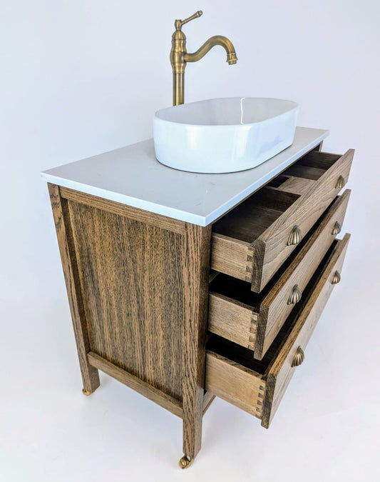 Vintage Inspired 3 Drawer Vanity Unit with Brass Castors