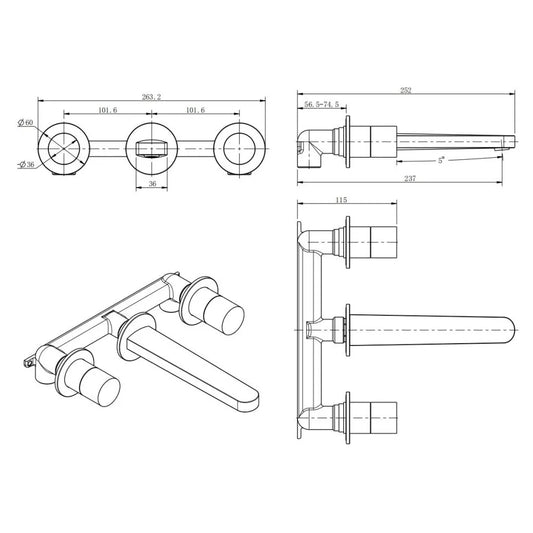 RAK Petit Round 3-Hole Wall Mounted Basin Mixer Tap - Chrome