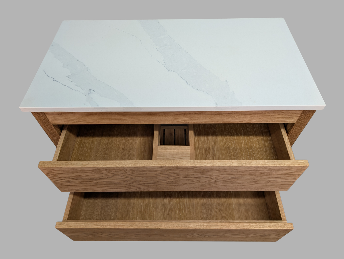 850mm Westbourne Oak Bathroom Vanity Unit - Carrara Quartz Countertop