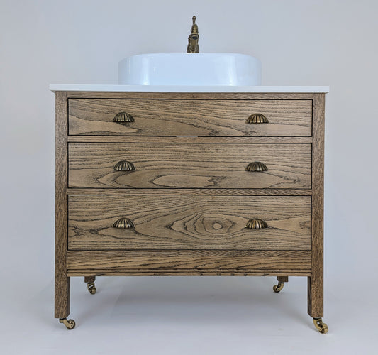 Vintage Inspired 3 Drawer Vanity Unit with Brass Castors